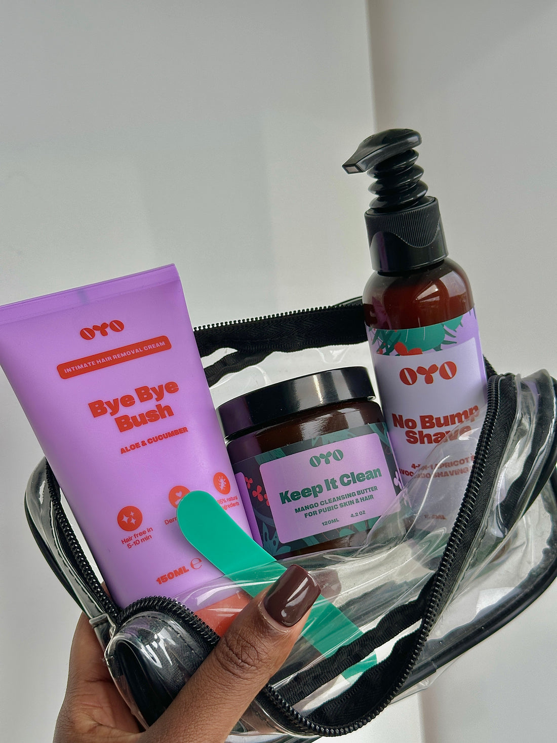 Natural skincare products in a bag: Bye Bye Bump, Keep it Clean, and No Bump Shaver for effective skin routines.