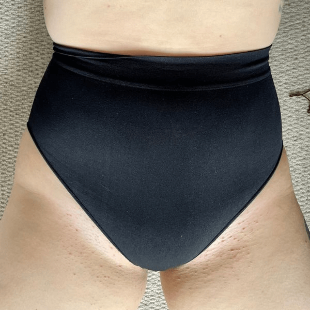 High waisted black underwear, perfect for intimate skincare, soothing irritation while leaving skin soft and nourished.
